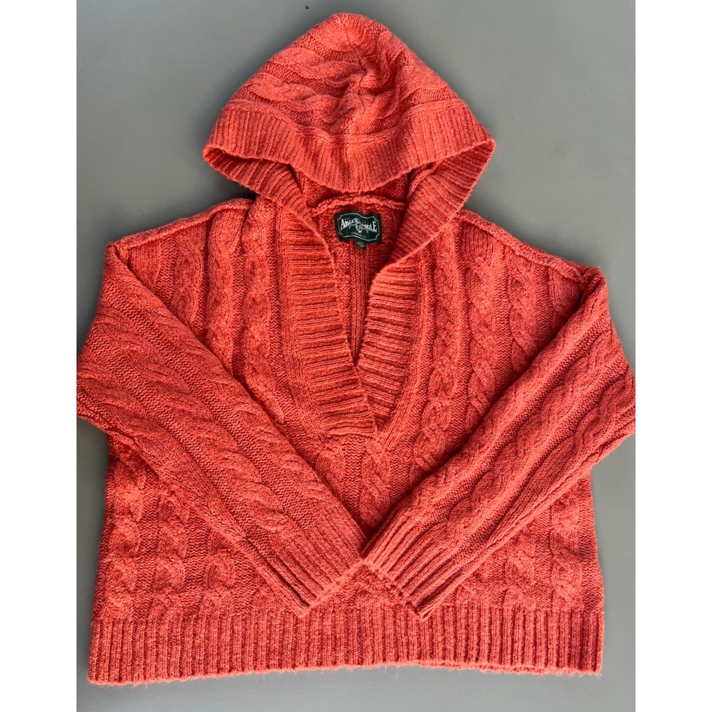 American Eagle‎ Coral Cable Knit Hooded Sweater Womens Small V-Neck Pullover
